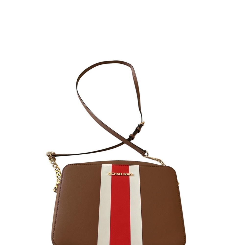 Michael Kors Brown Crossbody Bag with Red and White Stripe